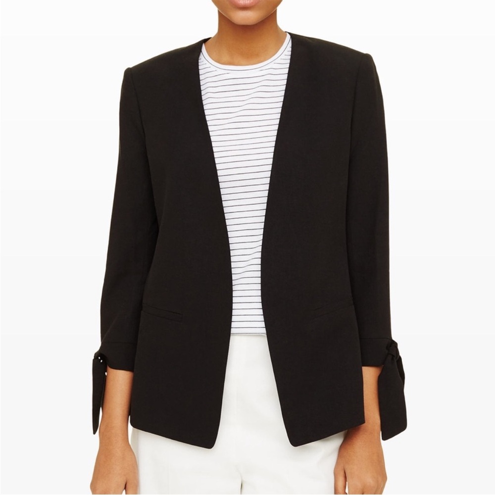 Club Monaco Black Cropped Sleeve Blazer With Velvet Cuff Tie Detail